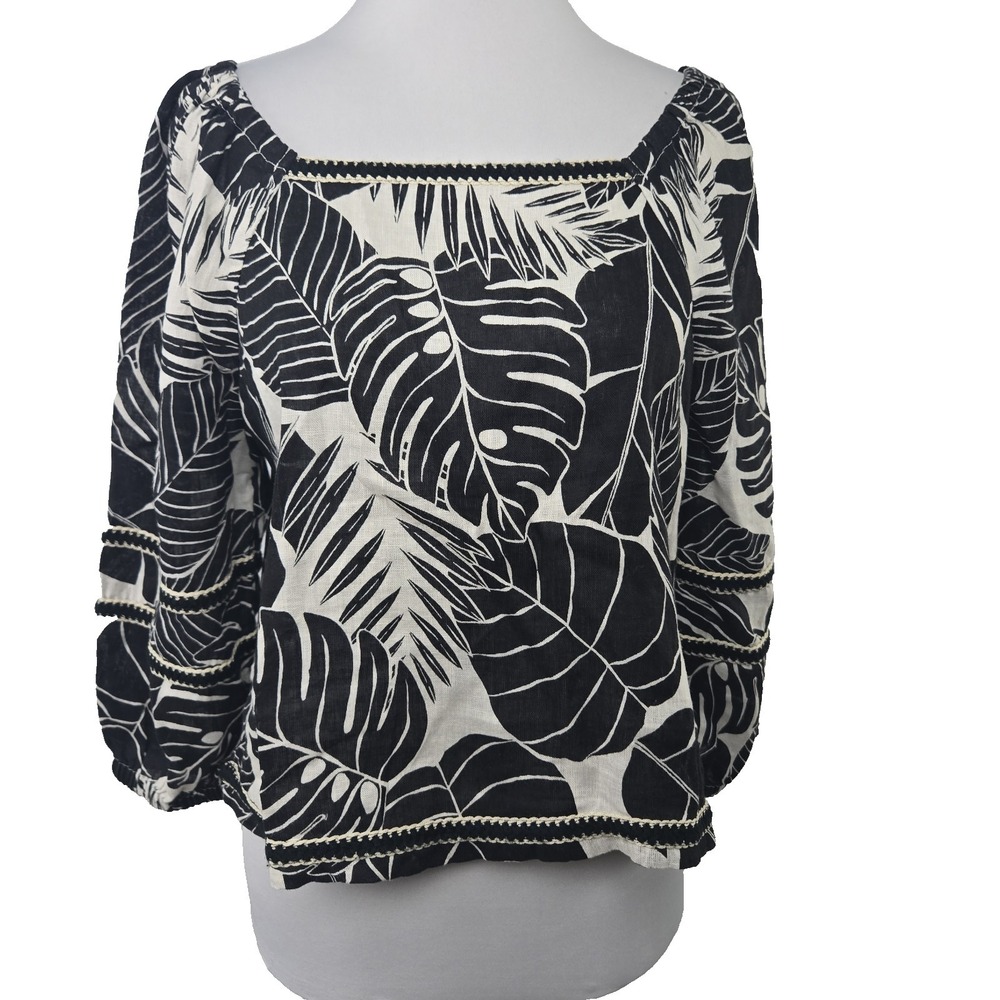 Cynthia Rowley Small Black Tropical Print 100% Linen Flax Square Neck Crop Top